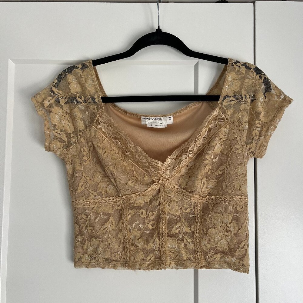 Lace V-Neck Cropped Gold/Beige Top